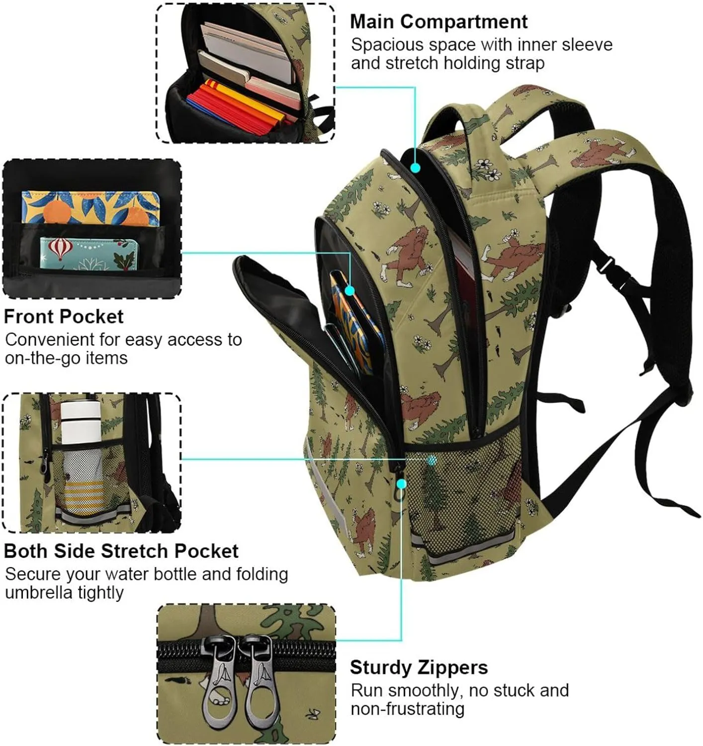 Kids Backpack for Boys Girls Bookbags Bigfoot School Backpack Elementary Bags Travel Daypack Lightweight Waterproof with Reflective Strip