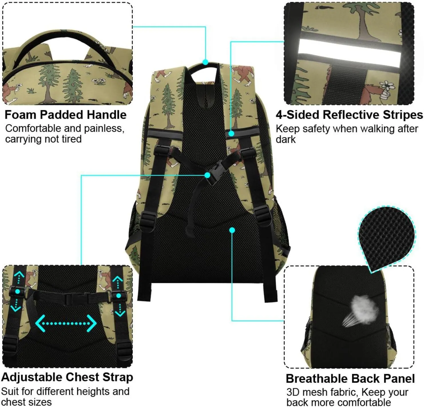 Kids Backpack for Boys Girls Bookbags Bigfoot School Backpack Elementary Bags Travel Daypack Lightweight Waterproof with Reflective Strip