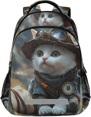 Kid's School Backpack-Cat Adventurer for Boys Girls Ages 6-12, Lightweight Bookbag with Padded Straps Reflective Stripes Daypack for Travel Hiking Study