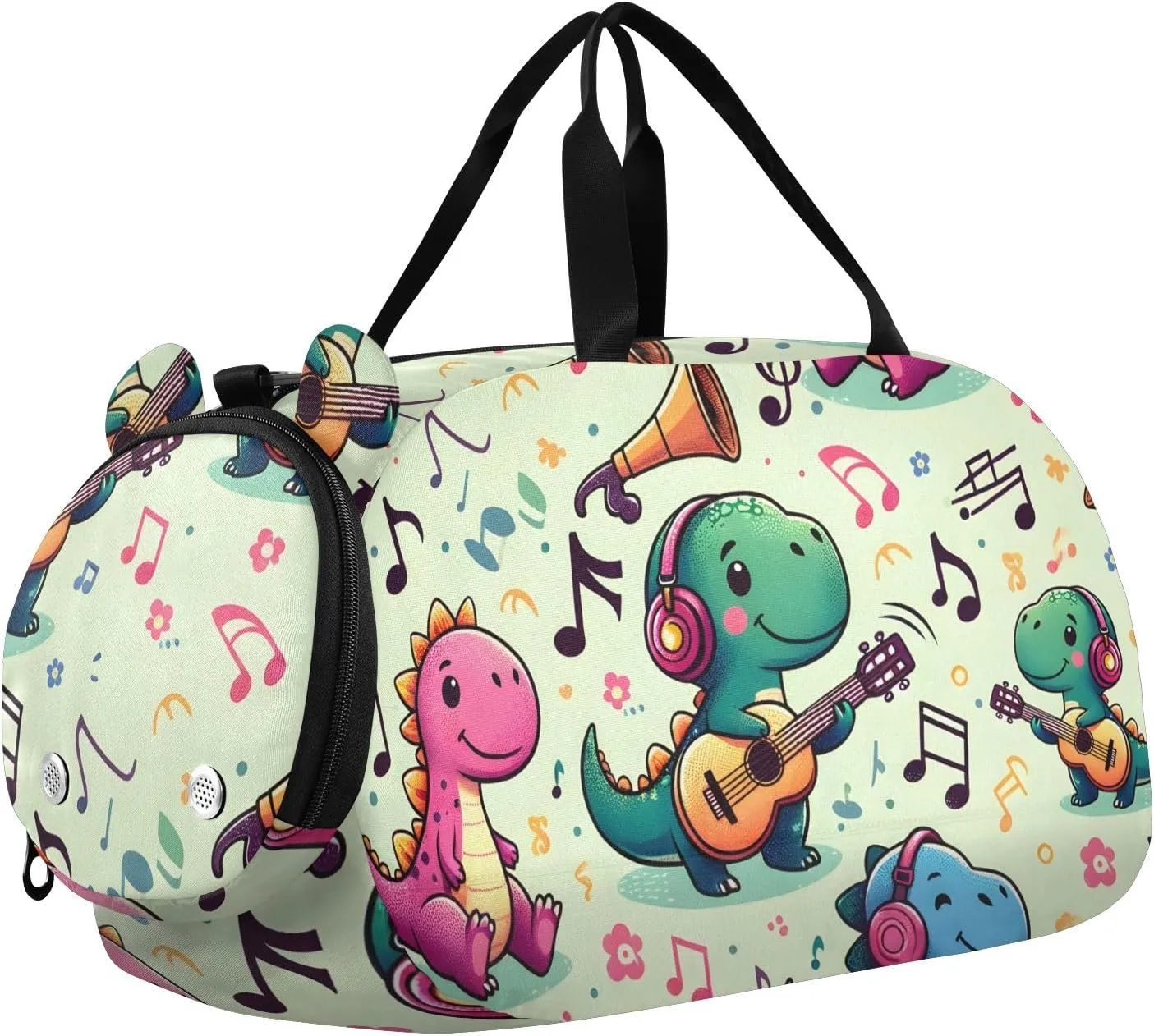 Kids Sport Duffel Bag Cute Dinosaur Playing Music Unisex Overnight Travel Gym Bag