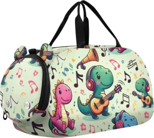 Kids Sport Duffel Bag Cute Dinosaur Playing Music Unisex Overnight Travel Gym Bag