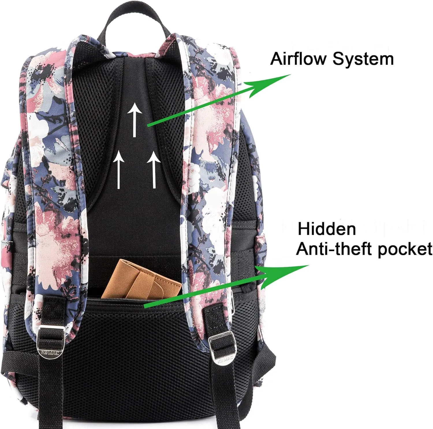 Kinmac Camellia 15 inch Waterproof Laptop Backpack Travel Outdoor Backpack with USB Charging Port for 13 inch 14 inch and 15.6 inch Laptop