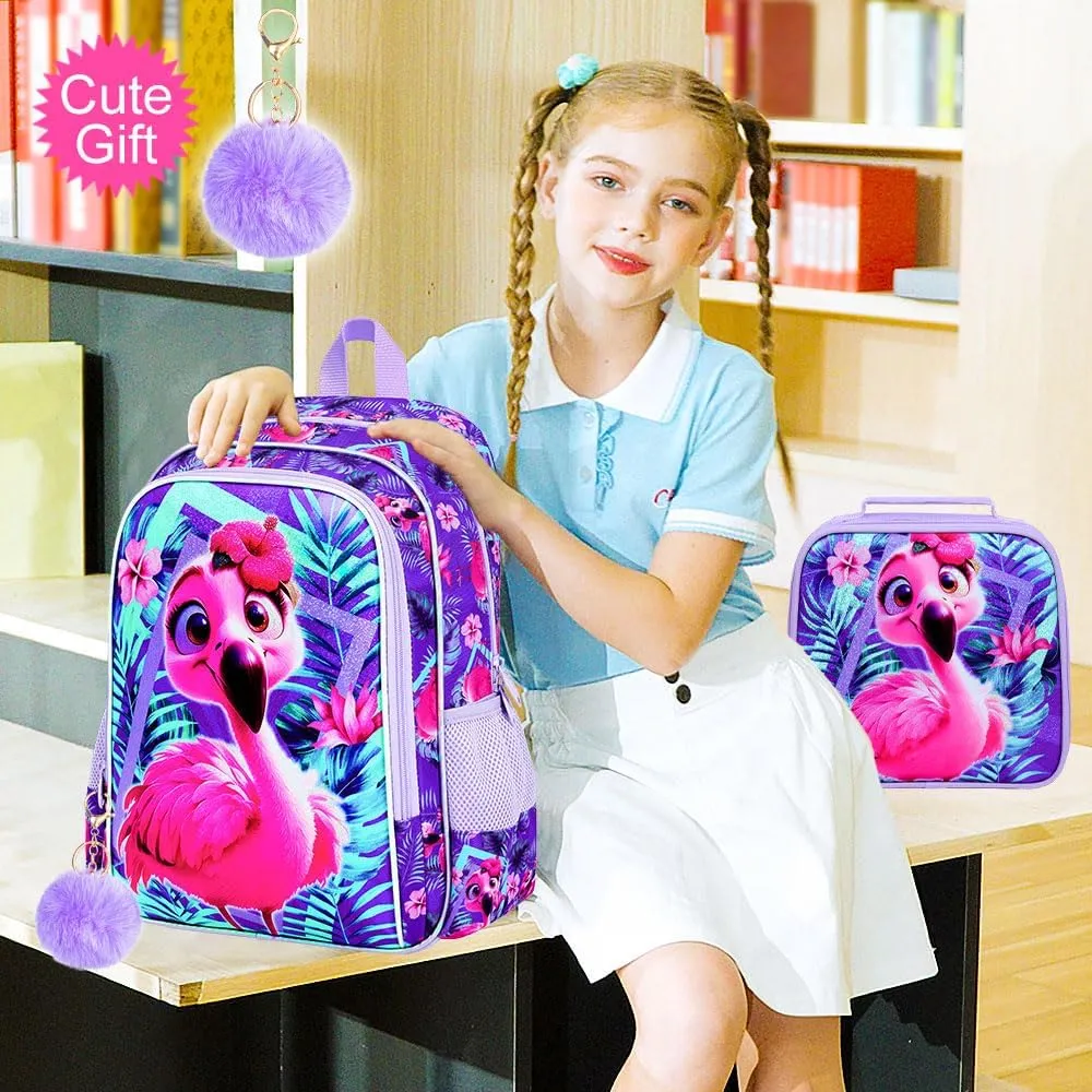 KLFVB 3PCS Flamingo Backpack, Water Resistant Kids Bookbag with Lunch Box for Girls, 16" Preschool Backpacks for Elementary - Flamingo Purple