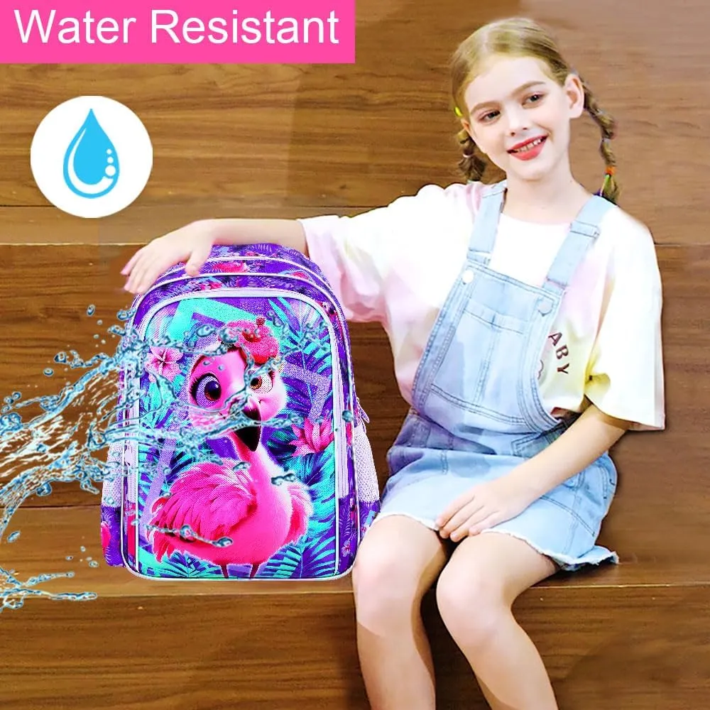 KLFVB 3PCS Flamingo Backpack, Water Resistant Kids Bookbag with Lunch Box for Girls, 16" Preschool Backpacks for Elementary - Flamingo Purple