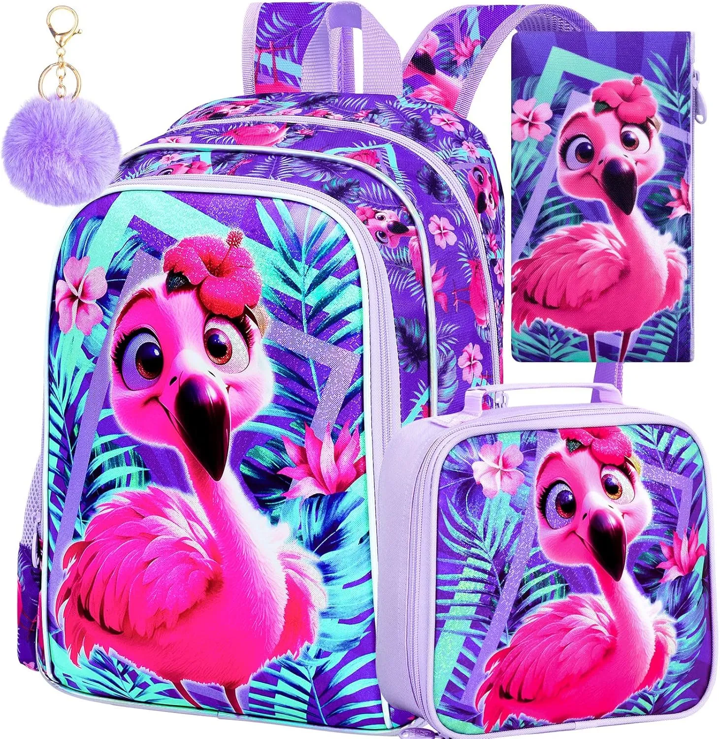 KLFVB 3PCS Flamingo Backpack, Water Resistant Kids Bookbag with Lunch Box for Girls, 16" Preschool Backpacks for Elementary - Flamingo Purple