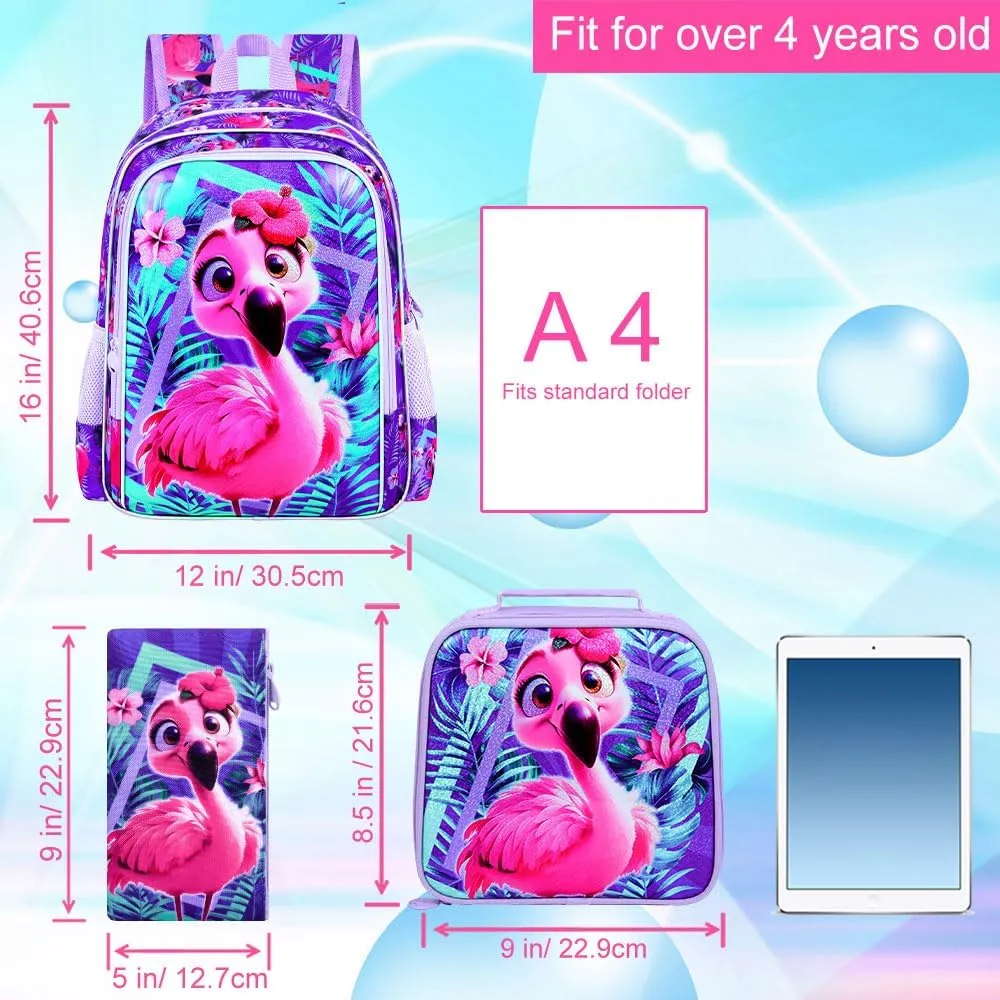 KLFVB 3PCS Flamingo Backpack, Water Resistant Kids Bookbag with Lunch Box for Girls, 16" Preschool Backpacks for Elementary - Flamingo Purple