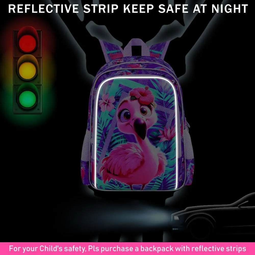 KLFVB 3PCS Flamingo Backpack, Water Resistant Kids Bookbag with Lunch Box for Girls, 16" Preschool Backpacks for Elementary - Flamingo Purple