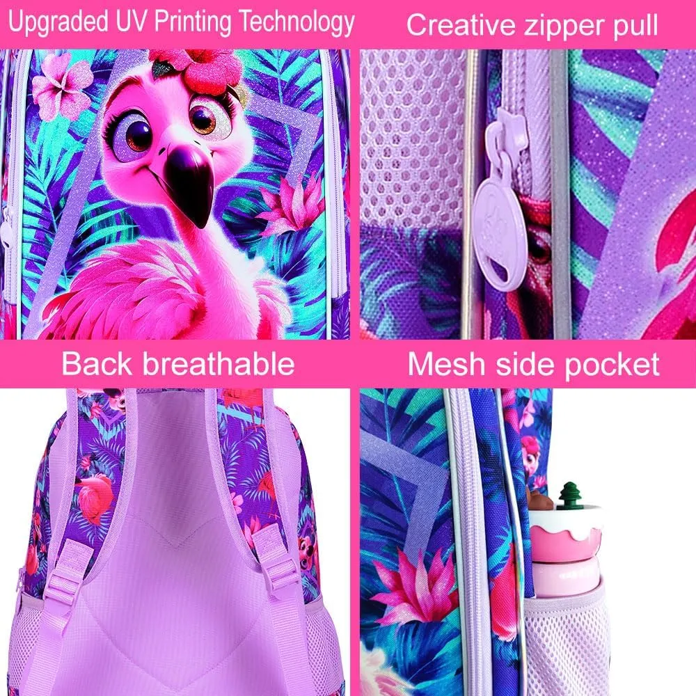 KLFVB 3PCS Flamingo Backpack, Water Resistant Kids Bookbag with Lunch Box for Girls, 16" Preschool Backpacks for Elementary - Flamingo Purple
