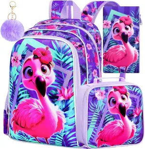 KLFVB 3PCS Flamingo Backpack, Water Resistant Kids Bookbag with Lunch Box for Girls, 16" Preschool Backpacks for Elementary - Flamingo Purple