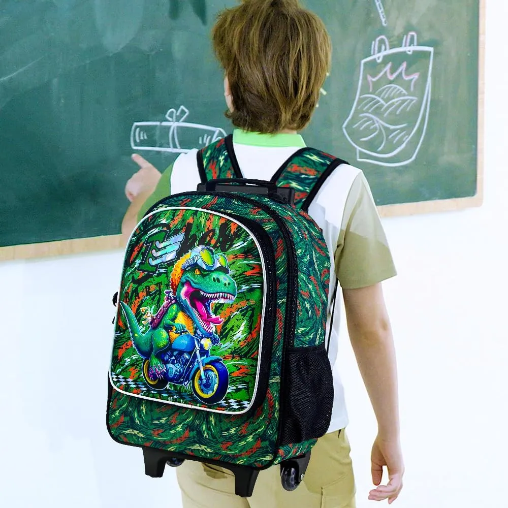 KLFVB 3PCS Kids Rolling Backpack, Boys Roller Bookbag with Lunch Bag, Wheeled School Bag for Children - Camouflage Dinosaur