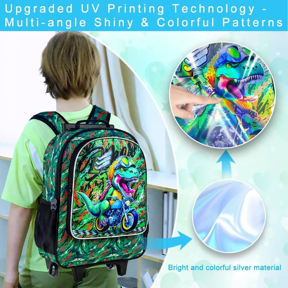 KLFVB 3PCS Kids Rolling Backpack, Boys Roller Bookbag with Lunch Bag, Wheeled School Bag for Children - Camouflage Dinosaur