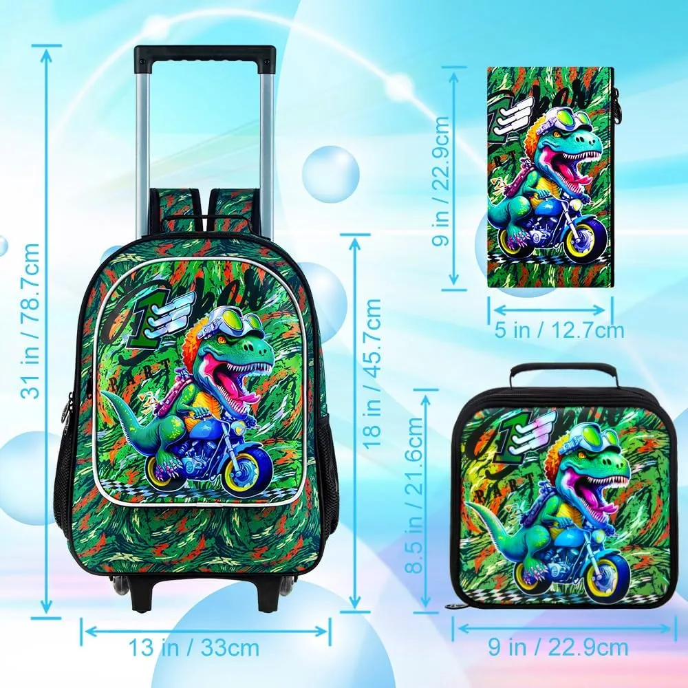KLFVB 3PCS Kids Rolling Backpack, Boys Roller Bookbag with Lunch Bag, Wheeled School Bag for Children - Camouflage Dinosaur