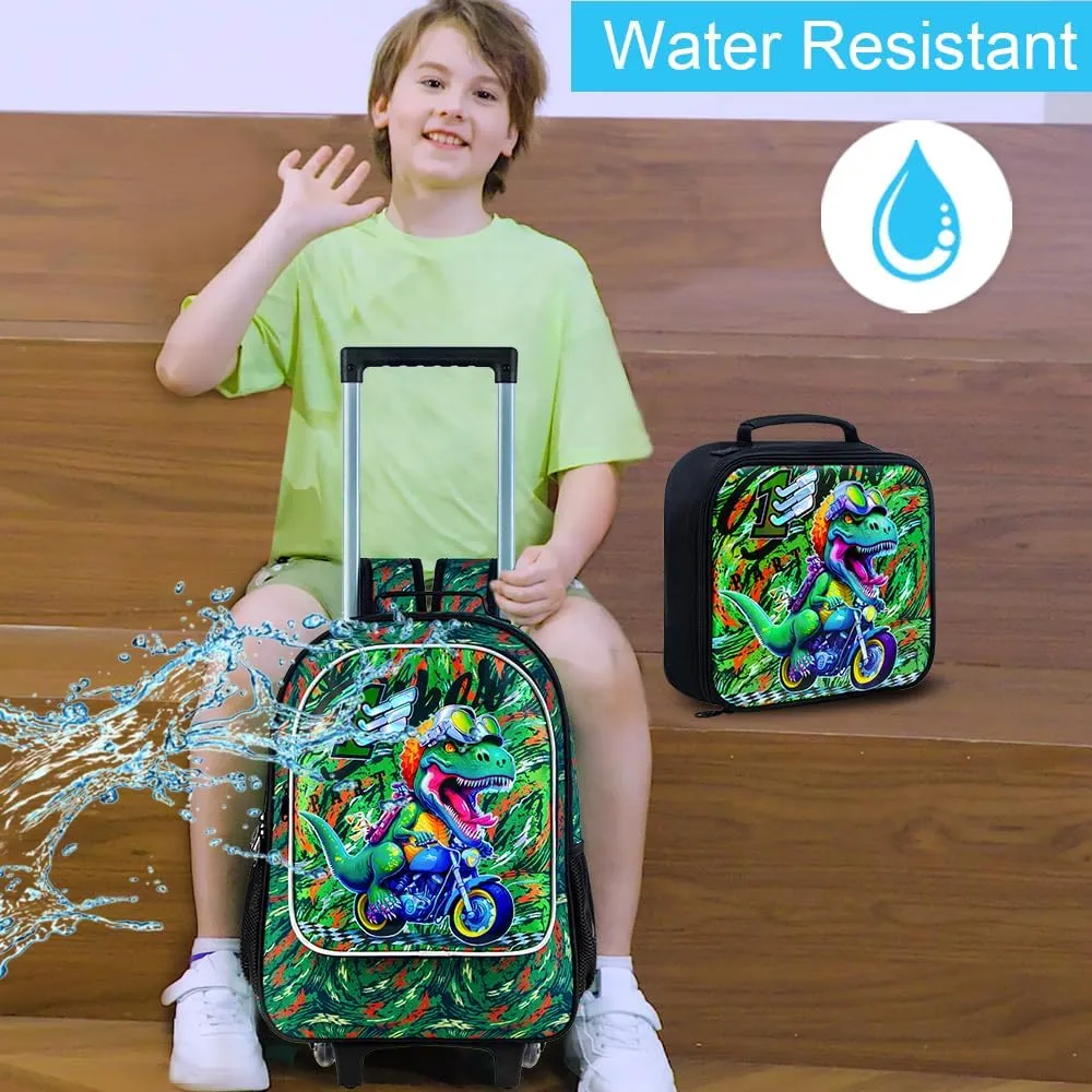 KLFVB 3PCS Kids Rolling Backpack, Boys Roller Bookbag with Lunch Bag, Wheeled School Bag for Children - Camouflage Dinosaur