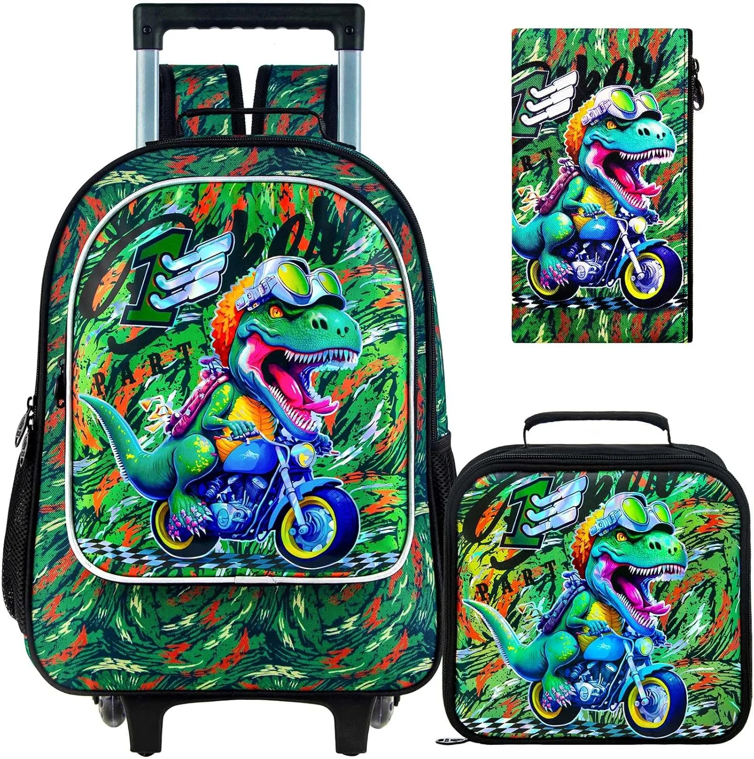 KLFVB 3PCS Kids Rolling Backpack, Boys Roller Bookbag with Lunch Bag, Wheeled School Bag for Children - Camouflage Dinosaur