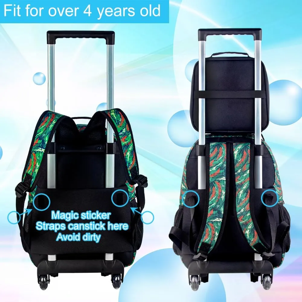 KLFVB 3PCS Kids Rolling Backpack, Boys Roller Bookbag with Lunch Bag, Wheeled School Bag for Children - Camouflage Dinosaur
