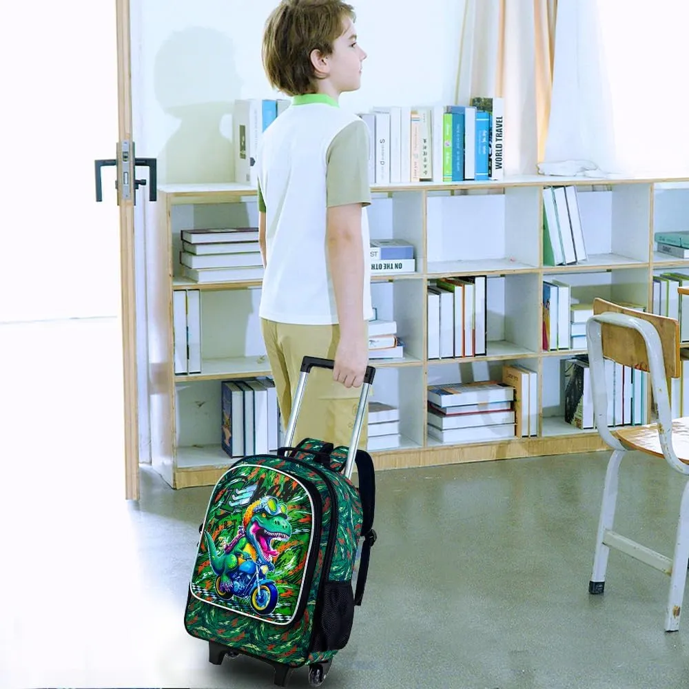 KLFVB 3PCS Kids Rolling Backpack, Boys Roller Bookbag with Lunch Bag, Wheeled School Bag for Children - Camouflage Dinosaur