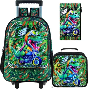 KLFVB 3PCS Kids Rolling Backpack, Boys Roller Bookbag with Lunch Bag, Wheeled School Bag for Children - Camouflage Dinosaur