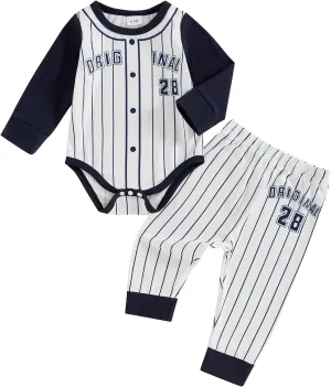 KMBANGI Newborn Baby Boys Baseball Outfit Long Sleeve Stripe Letter Print Bodysuit Jogger Pants 2PCS Set Clothes