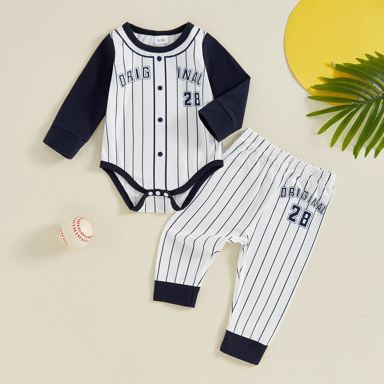 KMBANGI Newborn Baby Boys Baseball Outfit Long Sleeve Stripe Letter Print Bodysuit Jogger Pants 2PCS Set Clothes