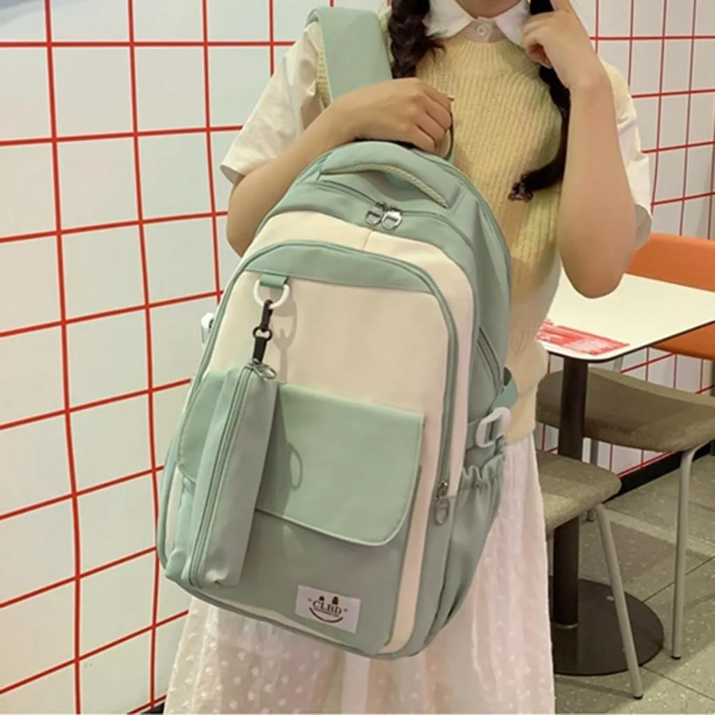 Korean Aesthetic Contrast Color Backpack with Pencil Bag School Student Large Capacity Book Bag Casual Travel Daypack