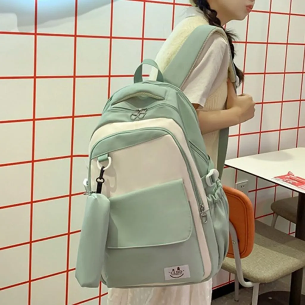 Korean Aesthetic Contrast Color Backpack with Pencil Bag School Student Large Capacity Book Bag Casual Travel Daypack