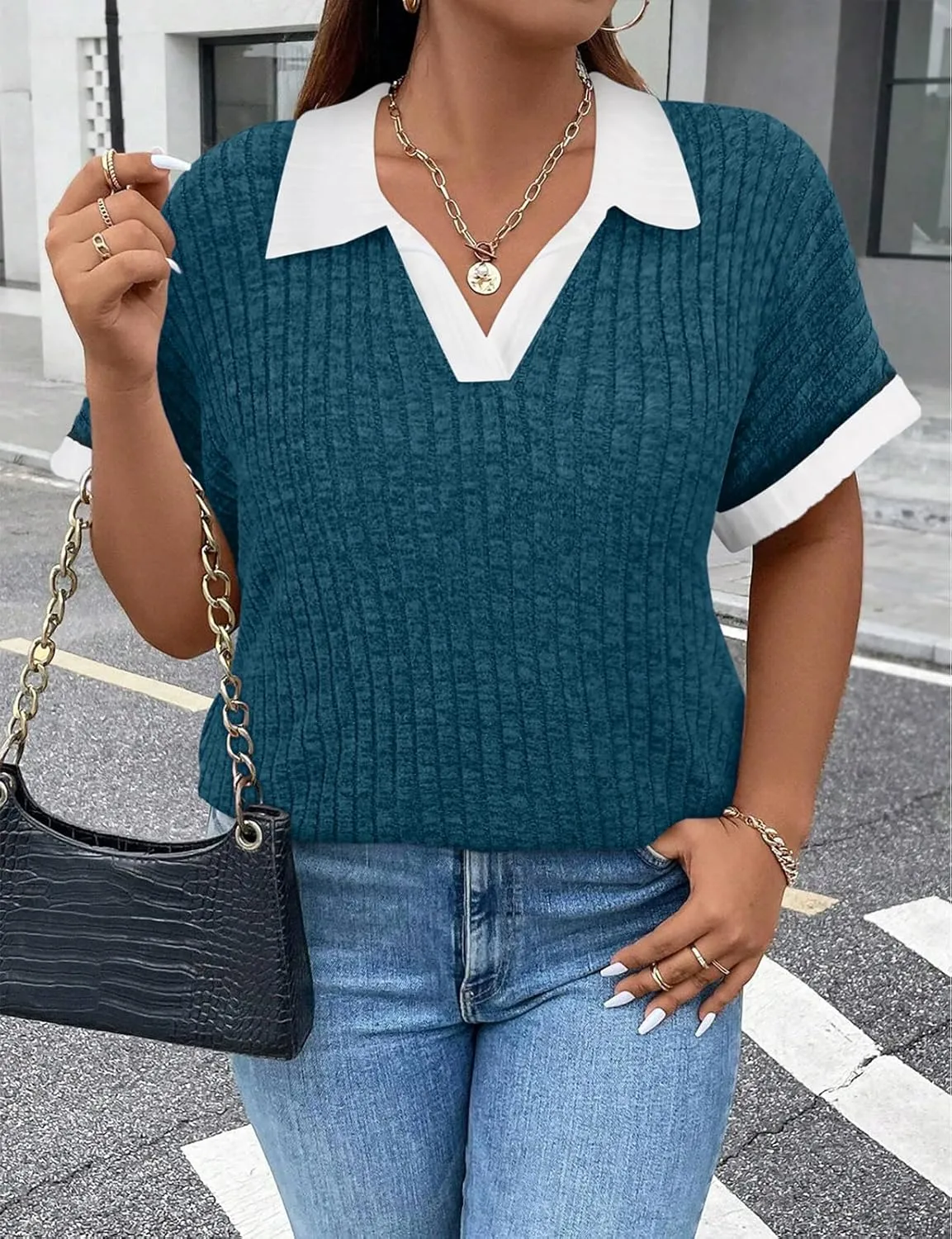 Koscacy Womens Plus Size Tops Short Sleeve Tunic Lapel V Neck Shirts Summer Casual Loose Blouse