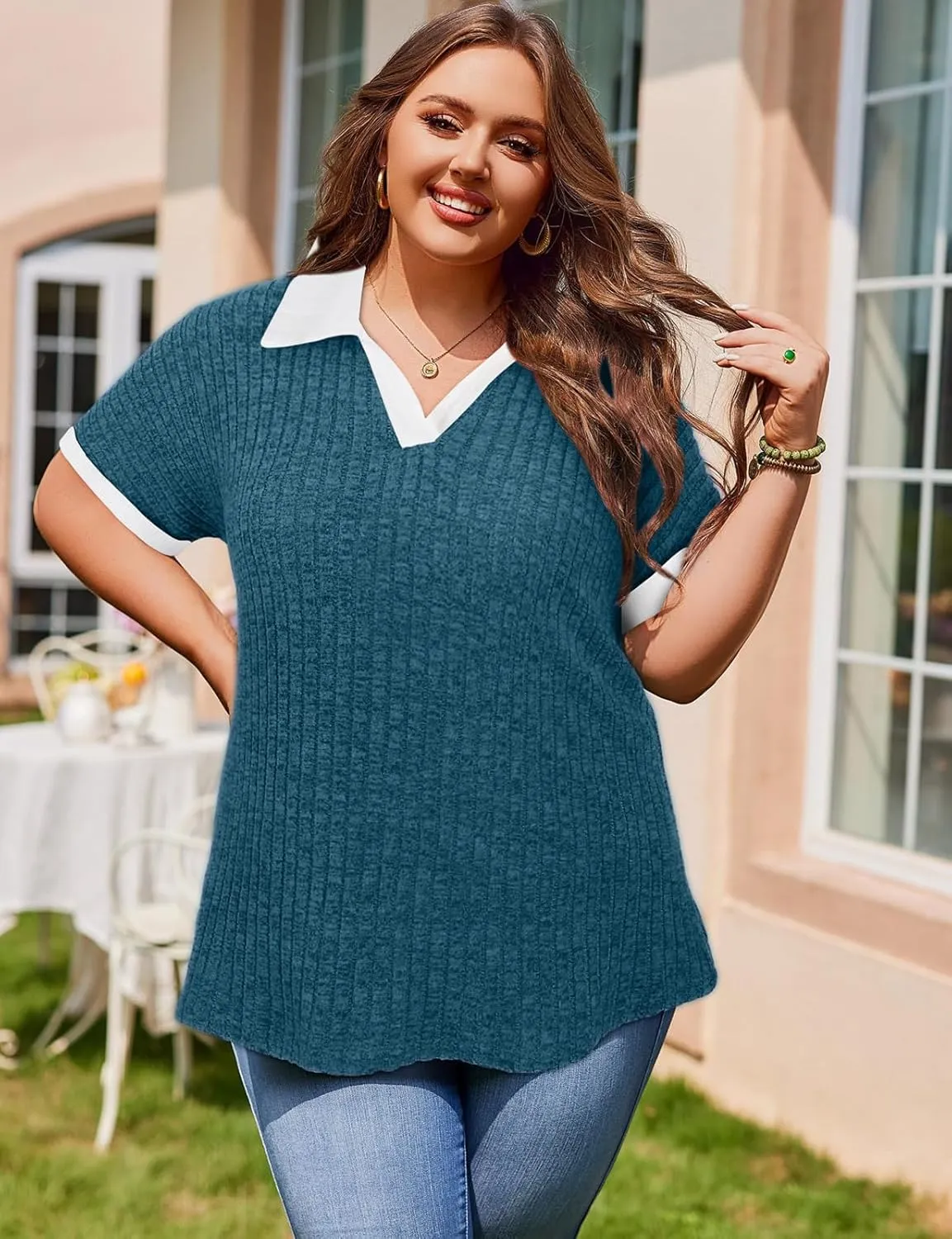 Koscacy Womens Plus Size Tops Short Sleeve Tunic Lapel V Neck Shirts Summer Casual Loose Blouse
