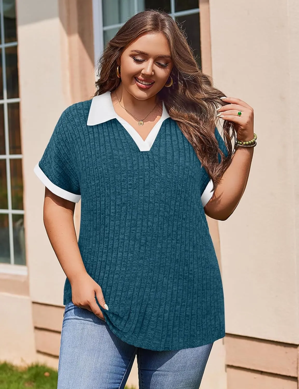 Koscacy Womens Plus Size Tops Short Sleeve Tunic Lapel V Neck Shirts Summer Casual Loose Blouse