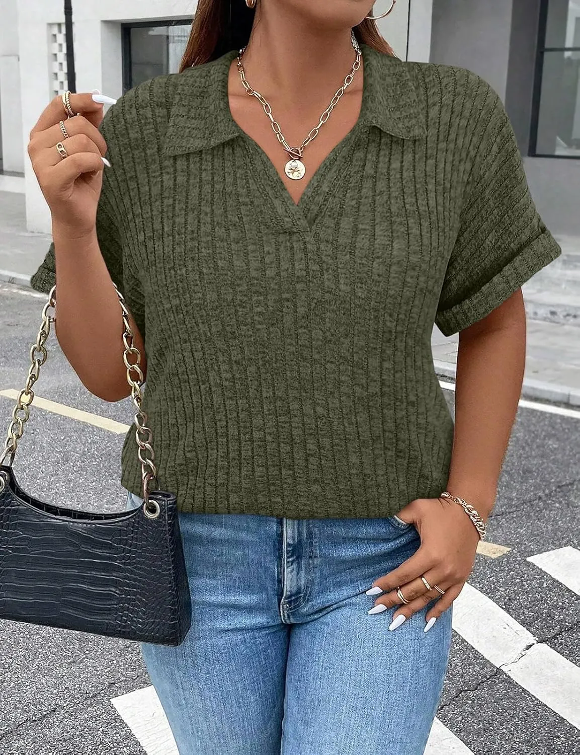 Koscacy Womens Plus Size Tops Short Sleeve Tunic Lapel V Neck Shirts Summer Casual Loose Blouse