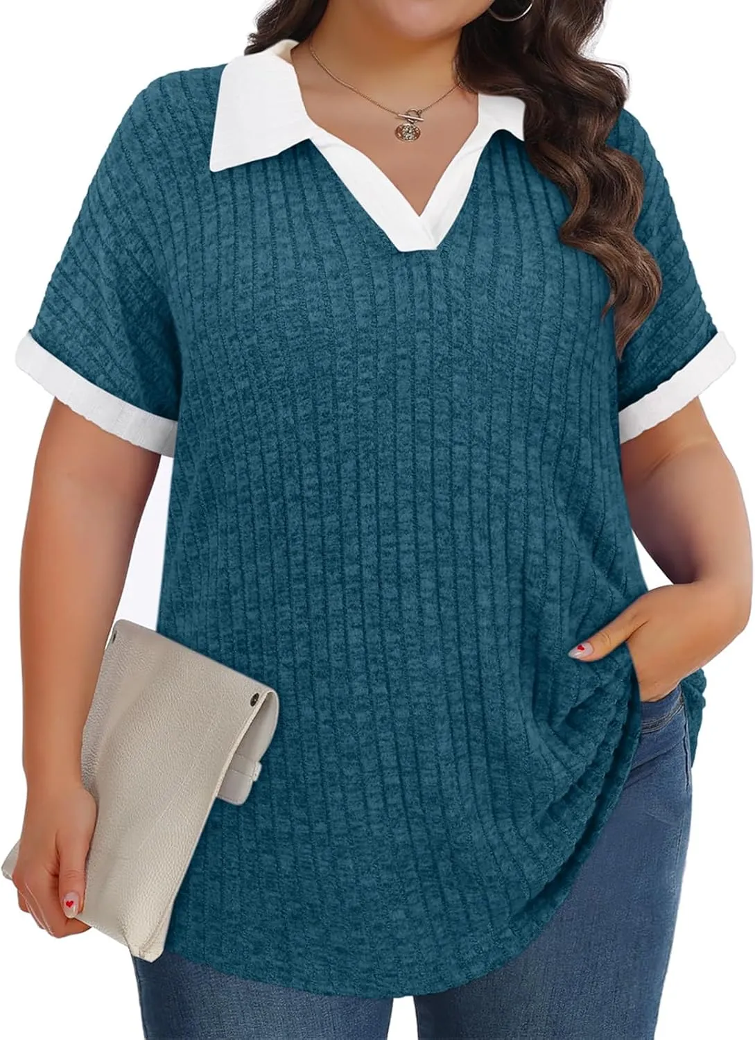 Koscacy Womens Plus Size Tops Short Sleeve Tunic Lapel V Neck Shirts Summer Casual Loose Blouse