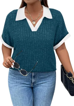 Koscacy Womens Plus Size Tops Short Sleeve Tunic Lapel V Neck Shirts Summer Casual Loose Blouse