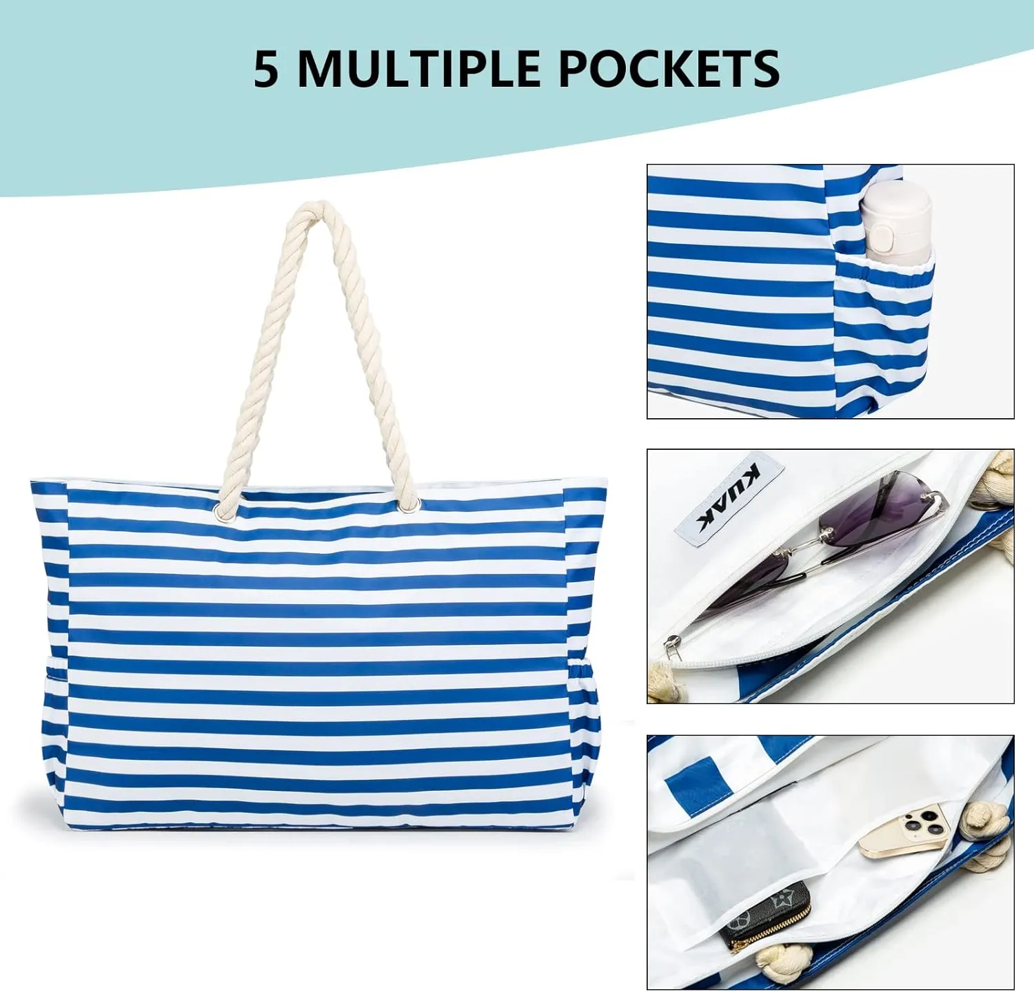 KUAK Beach Bag, Large Beach Bags for Women Waterproof Sandproof Beach Tote Bag with Zipper and Pockets for Pool Family