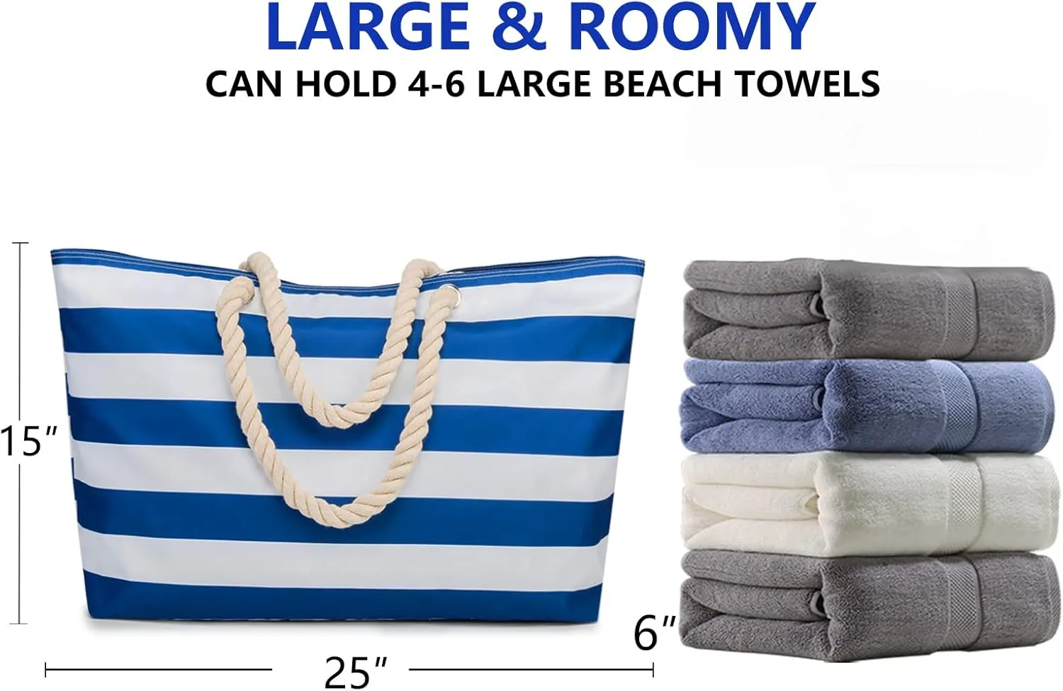KUAK Beach Bags for Women Extra Large Beach Tote Bag with Top Zipper, 3 Inner Pockets Waterproof Sandproof Swim Pool Bag