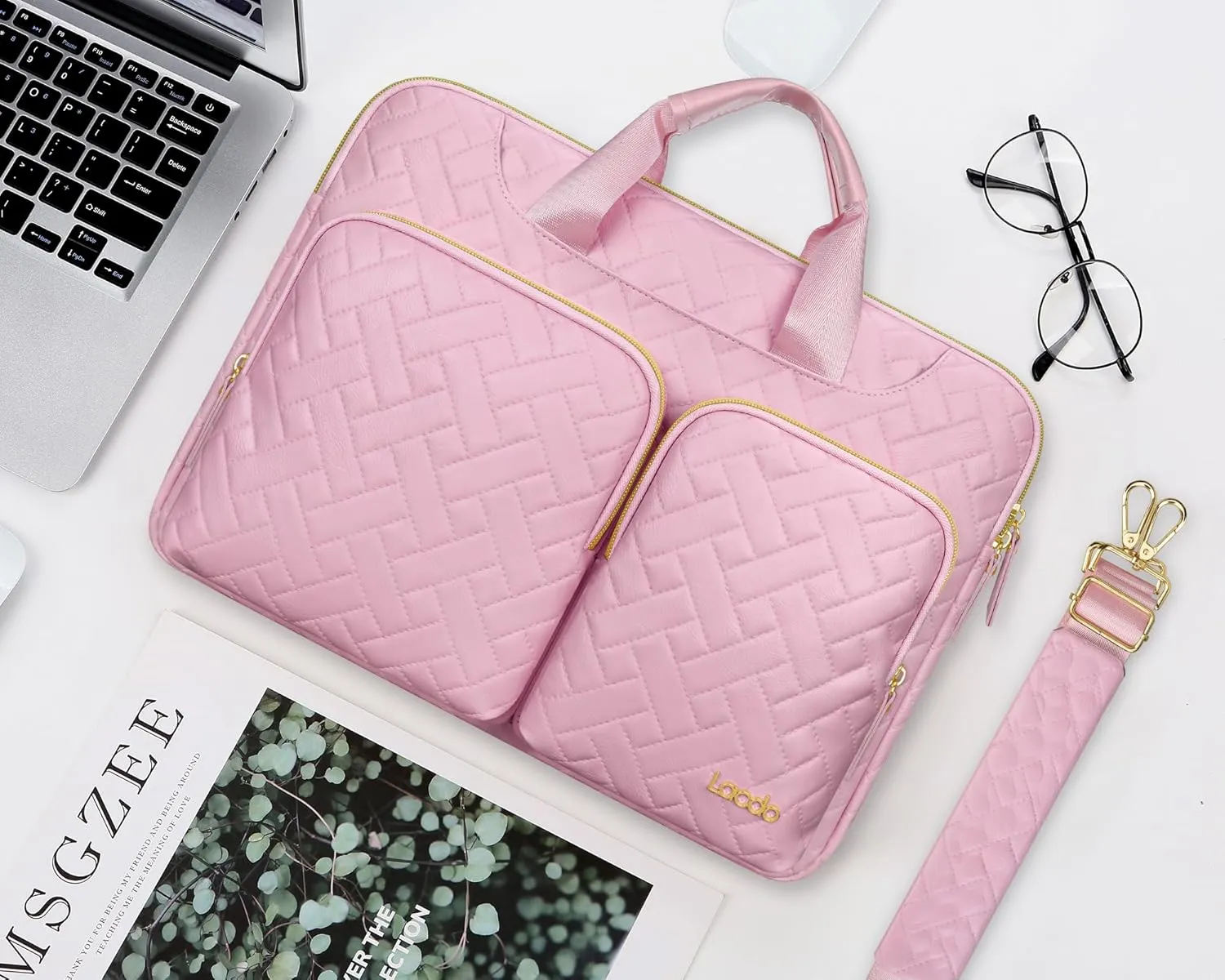 Lacdo 360° Protective Laptop Shoulder Bag for 13 inch New MacBook Air M4 A3240 2025, M3 A3113, M2 A2681, M1 A2337 A2179 A1932 | 13 inch MacBook Pro M2 M1 A2338 A2251 A2289 Computer Bag, Sakura Pink