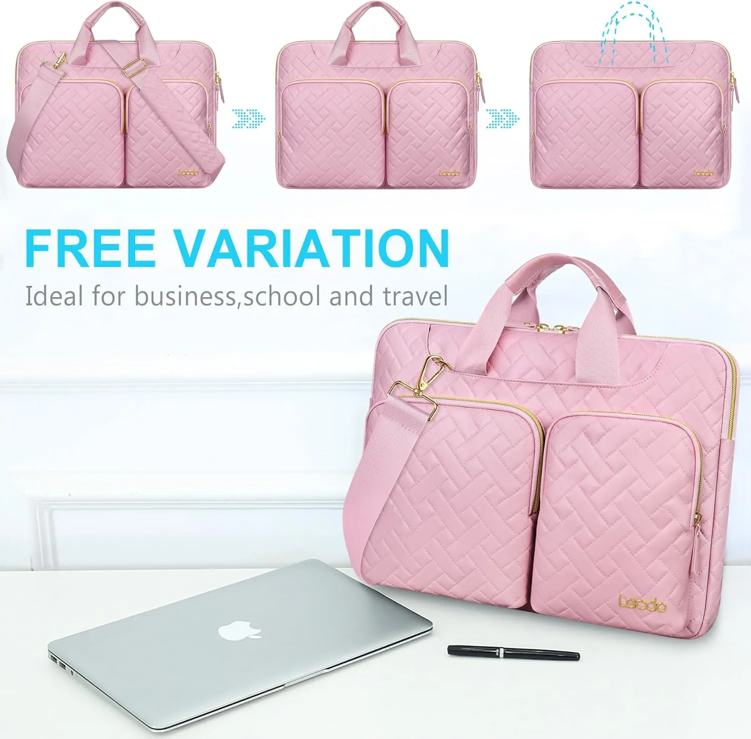 Lacdo 360° Protective Laptop Shoulder Bag for 13 inch New MacBook Air M4 A3240 2025, M3 A3113, M2 A2681, M1 A2337 A2179 A1932 | 13 inch MacBook Pro M2 M1 A2338 A2251 A2289 Computer Bag, Sakura Pink