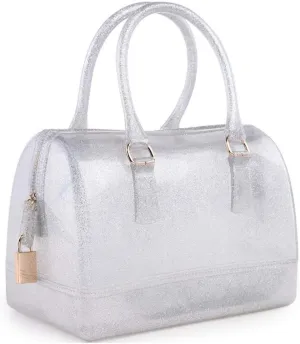 Ladies Summer Jelly Pillow-shaped Top Handle Handbag Candy Color Transparent Crystal Purse (Glitter Silver)