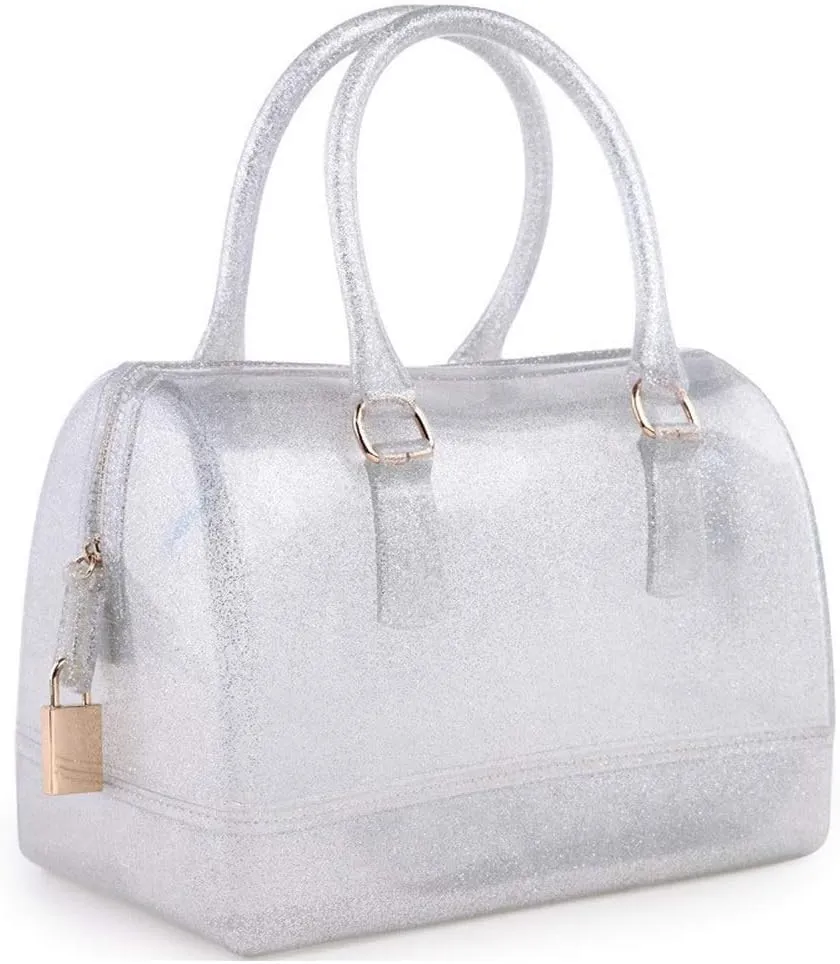 Ladies Summer Jelly Pillow-shaped Top Handle Handbag Candy Color Transparent Crystal Purse (Glitter Silver)