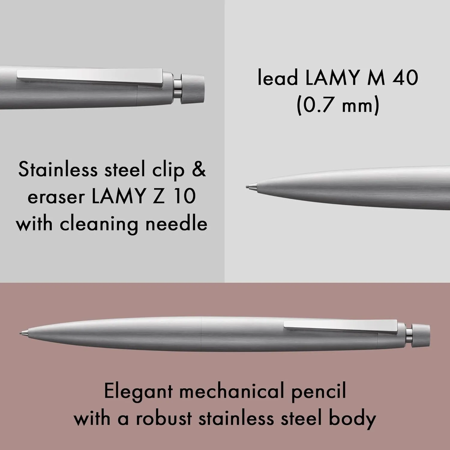 Lamy 2000 Silver Mechanical Pencil, Elegant Lead Pencil in Velvety Matte Polished Stainless Steel Case, Perfectly Balanced, Pencil with Fine Line Lead M 40 in Line Width 0.7 mm & Eraser Tip