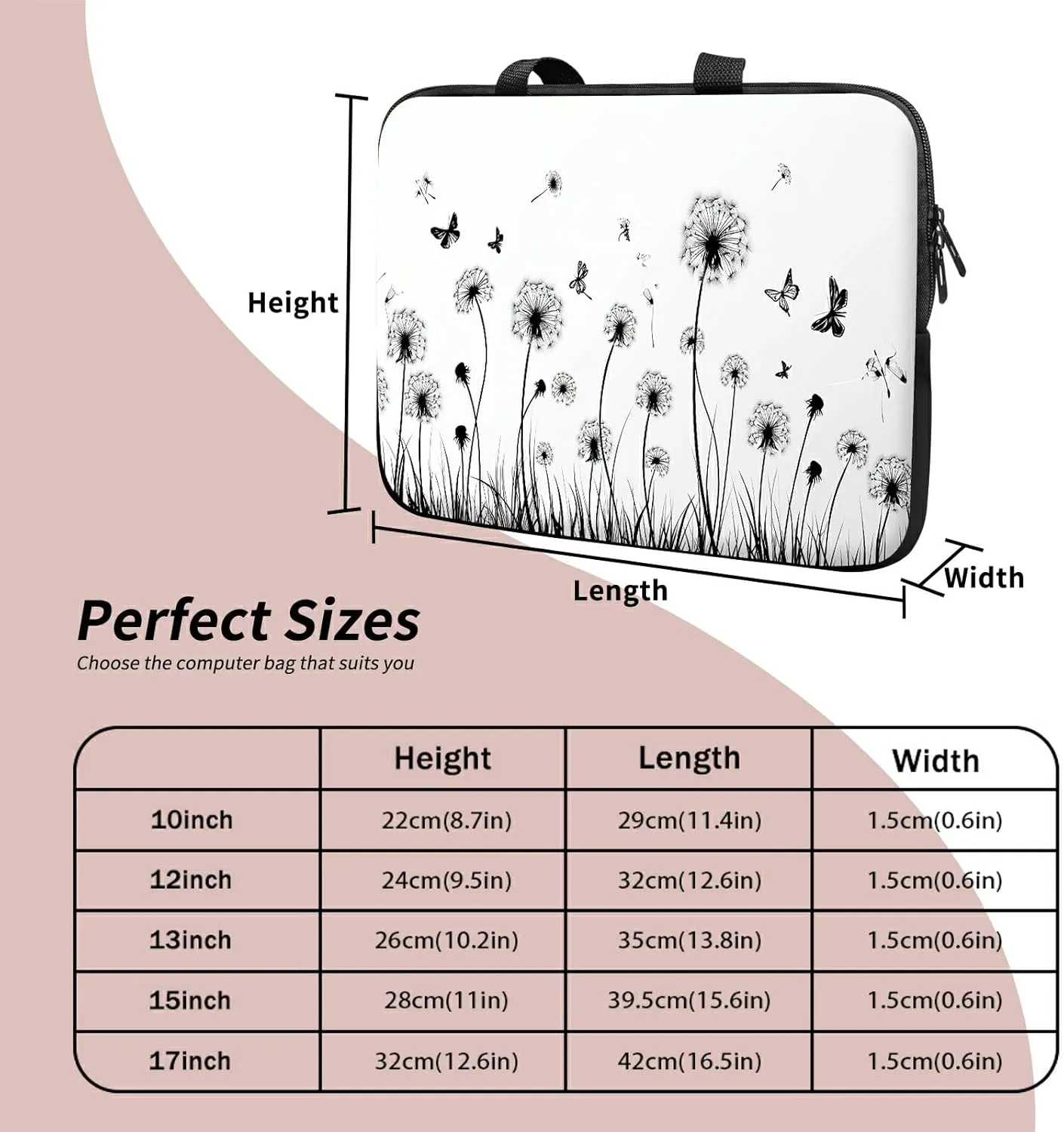 Laptop Sleeve Case Bag 15 inch, Dandelion and Butterfly Slim Carrying Case Durable Handbag Travel Laptop Bag for 15 inch MacBook Air M3/M2/15 Pro/Surface Laptop 7/6/5/4/3/ Dell XPS 15 Plus