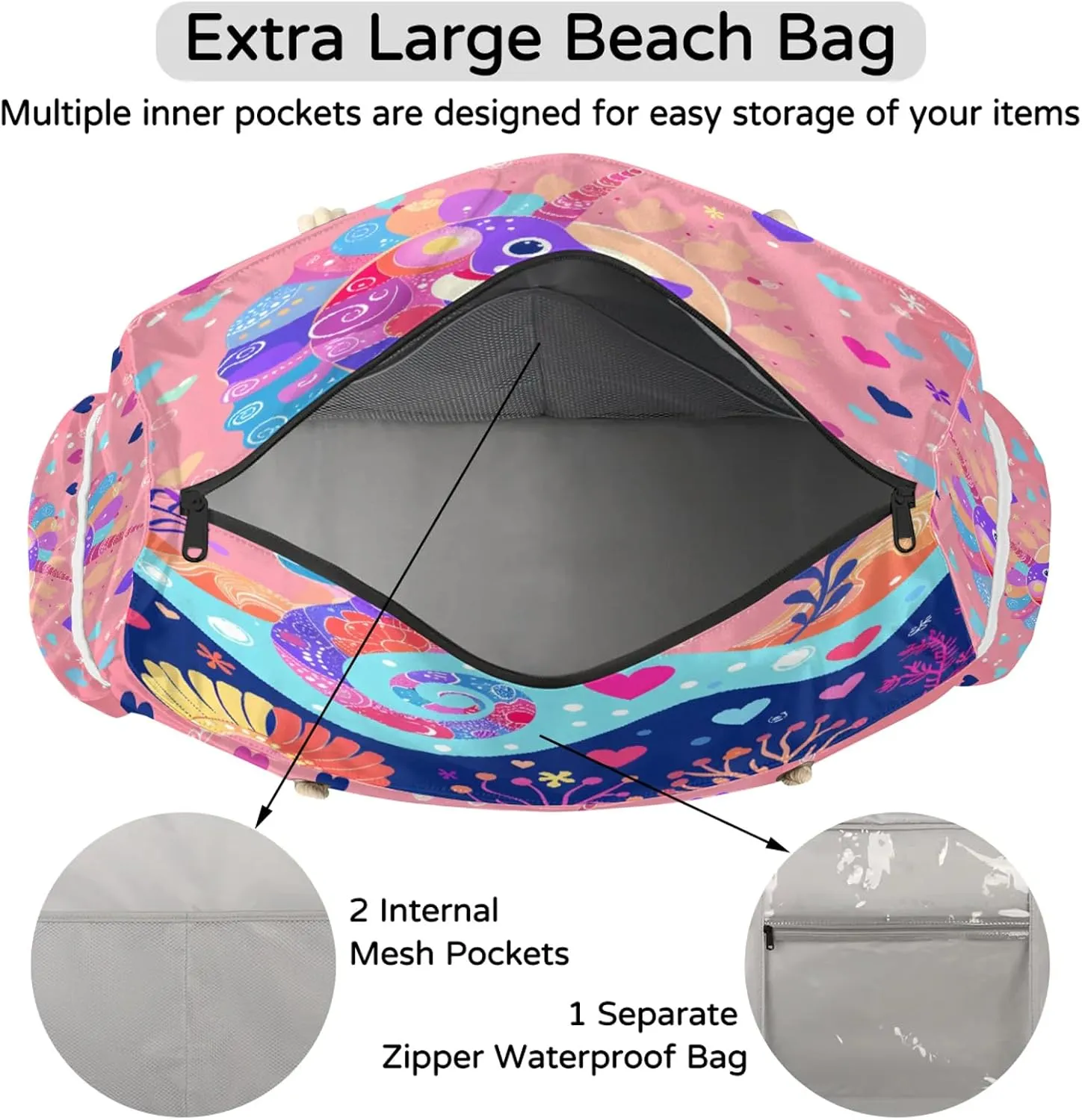 Large Beach Bags for Women and Men, Waterproof Tote with Zipper, Reusable Grocery Shopping Shoulder Bag