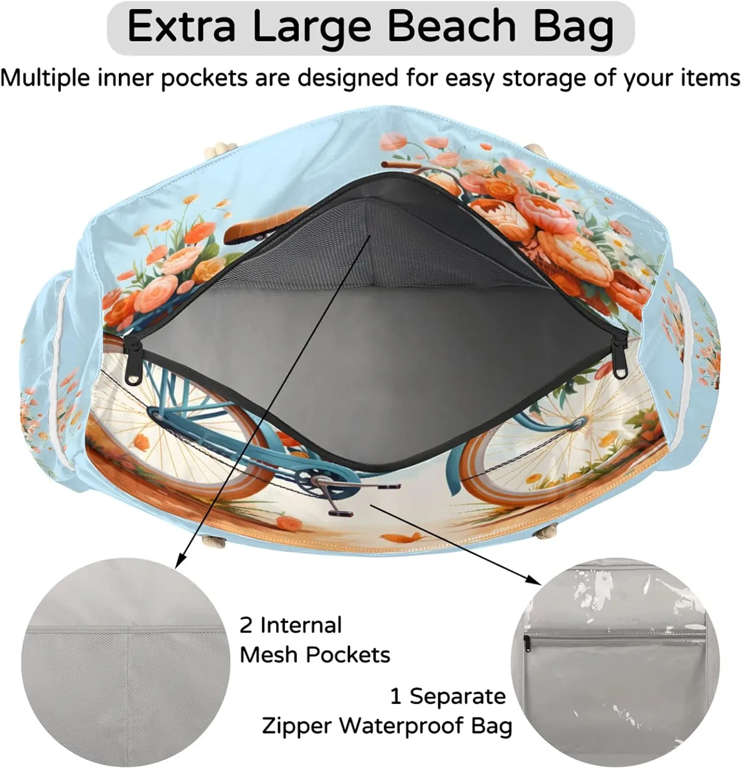 Large Beach Bags for Women and Men, Waterproof Tote with Zipper, Reusable Grocery Shopping Shoulder Bag