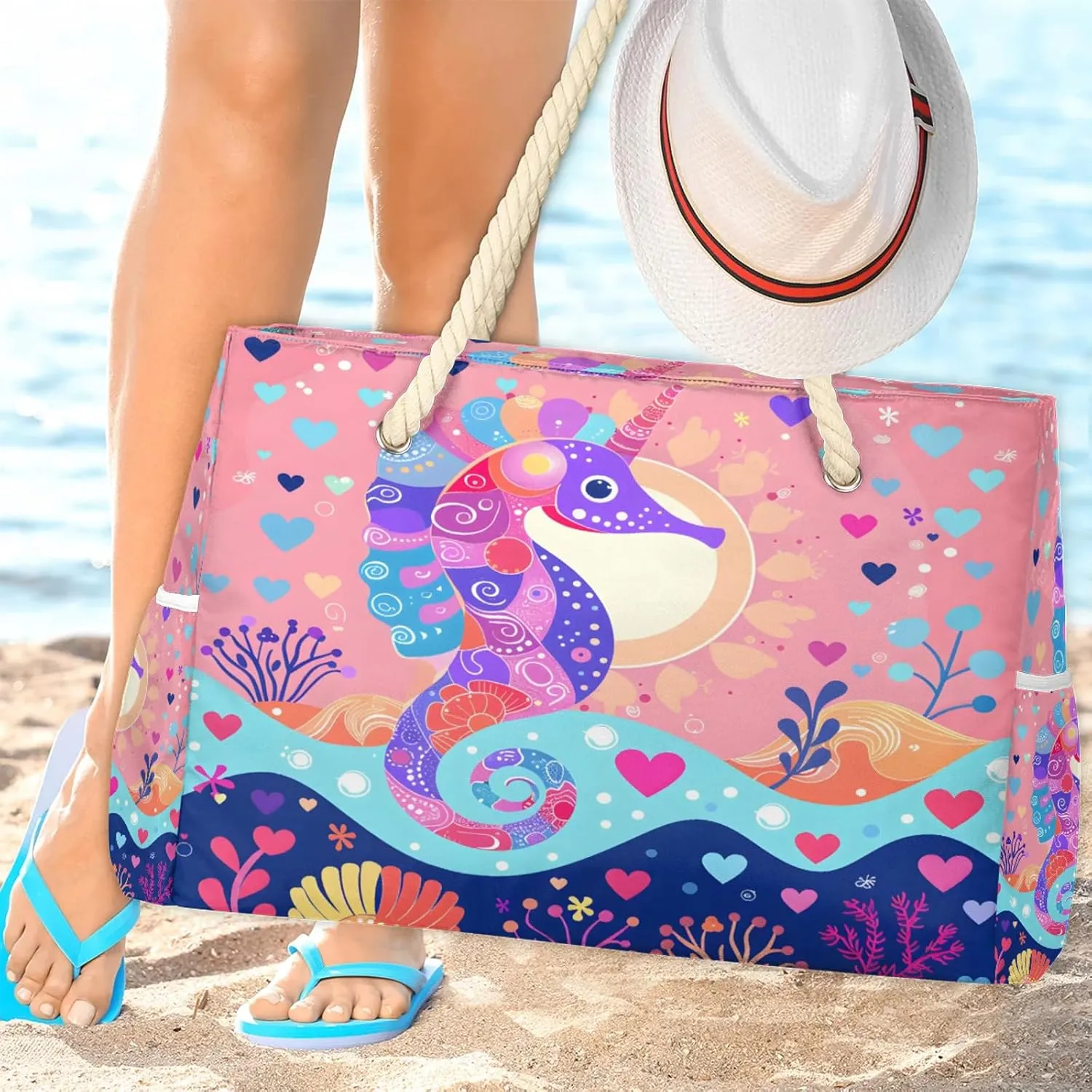 Large Beach Bags for Women and Men, Waterproof Tote with Zipper, Reusable Grocery Shopping Shoulder Bag
