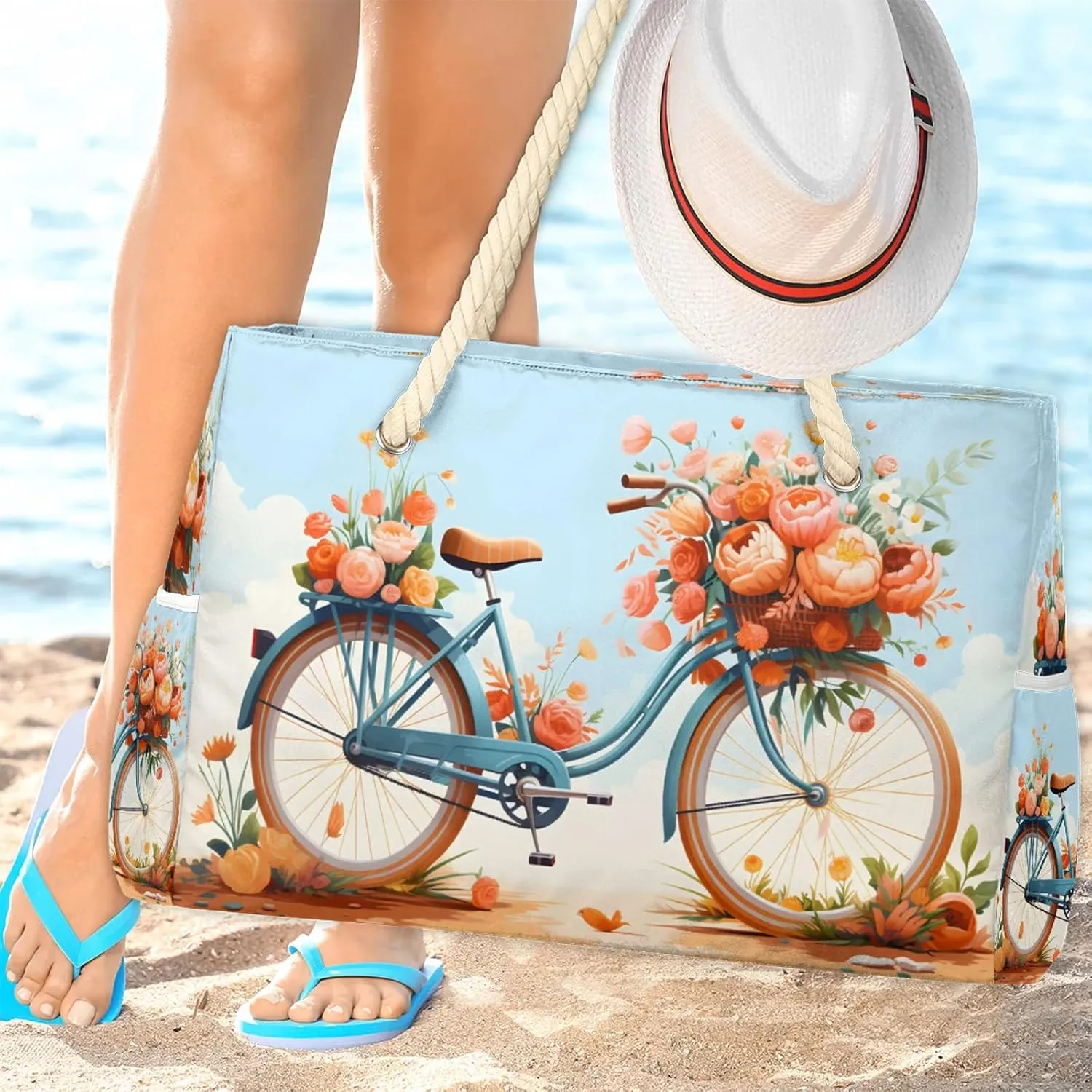 Large Beach Bags for Women and Men, Waterproof Tote with Zipper, Reusable Grocery Shopping Shoulder Bag