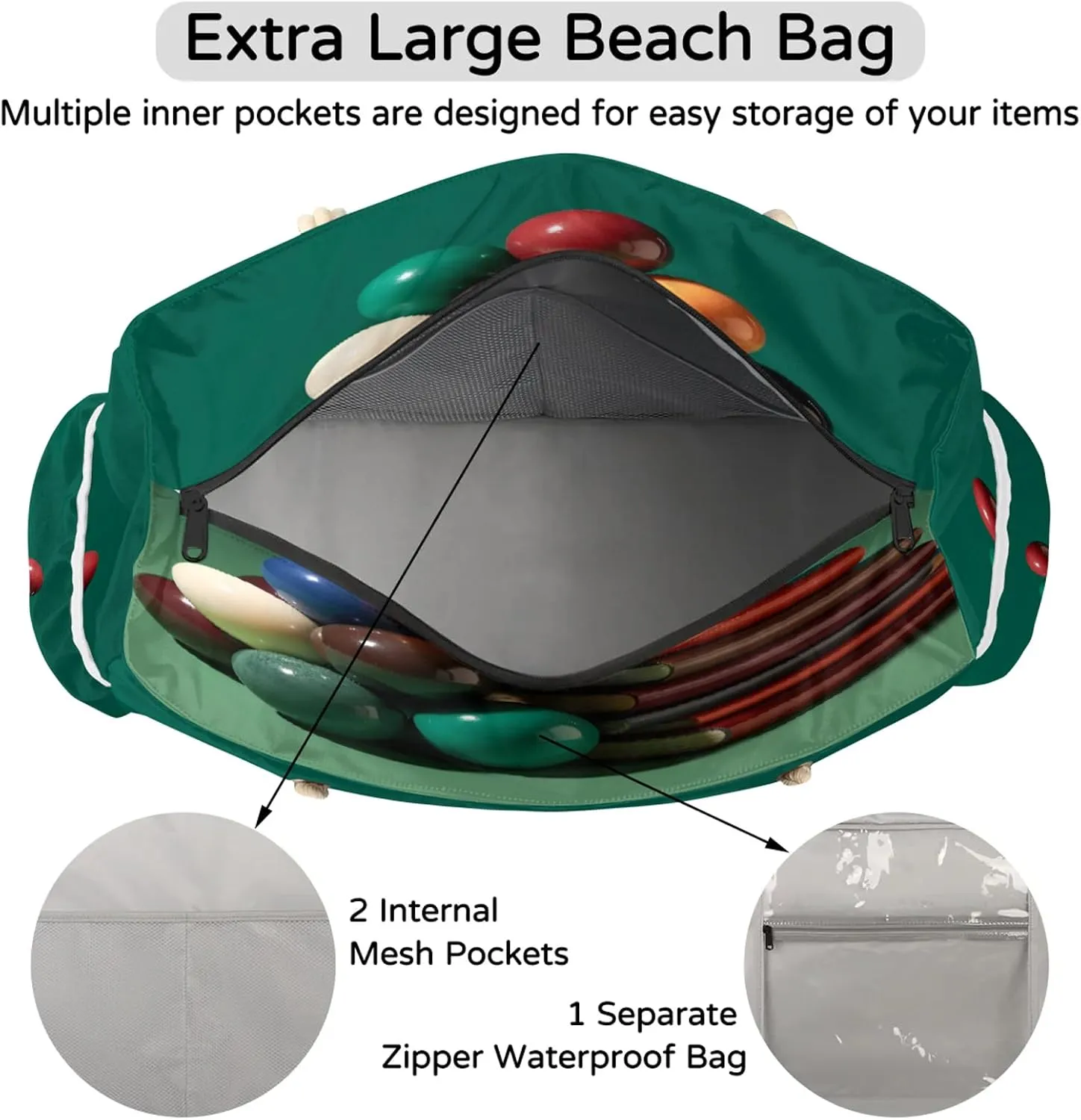Large Beach Bags for Women and Men, Waterproof Tote with Zipper, Reusable Grocery Shopping Shoulder Bag