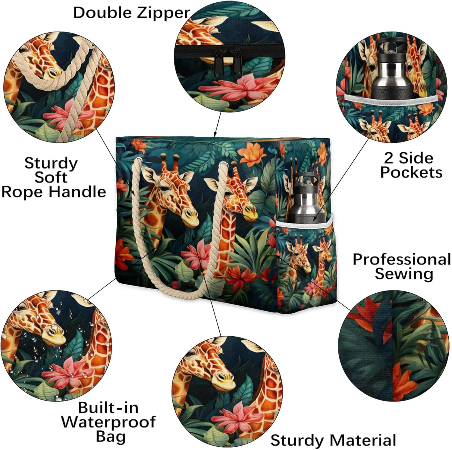 Large Beach Tote Bags for Women, Waterproof Beach Bag with Zipper, Swim Pool Tote Bags