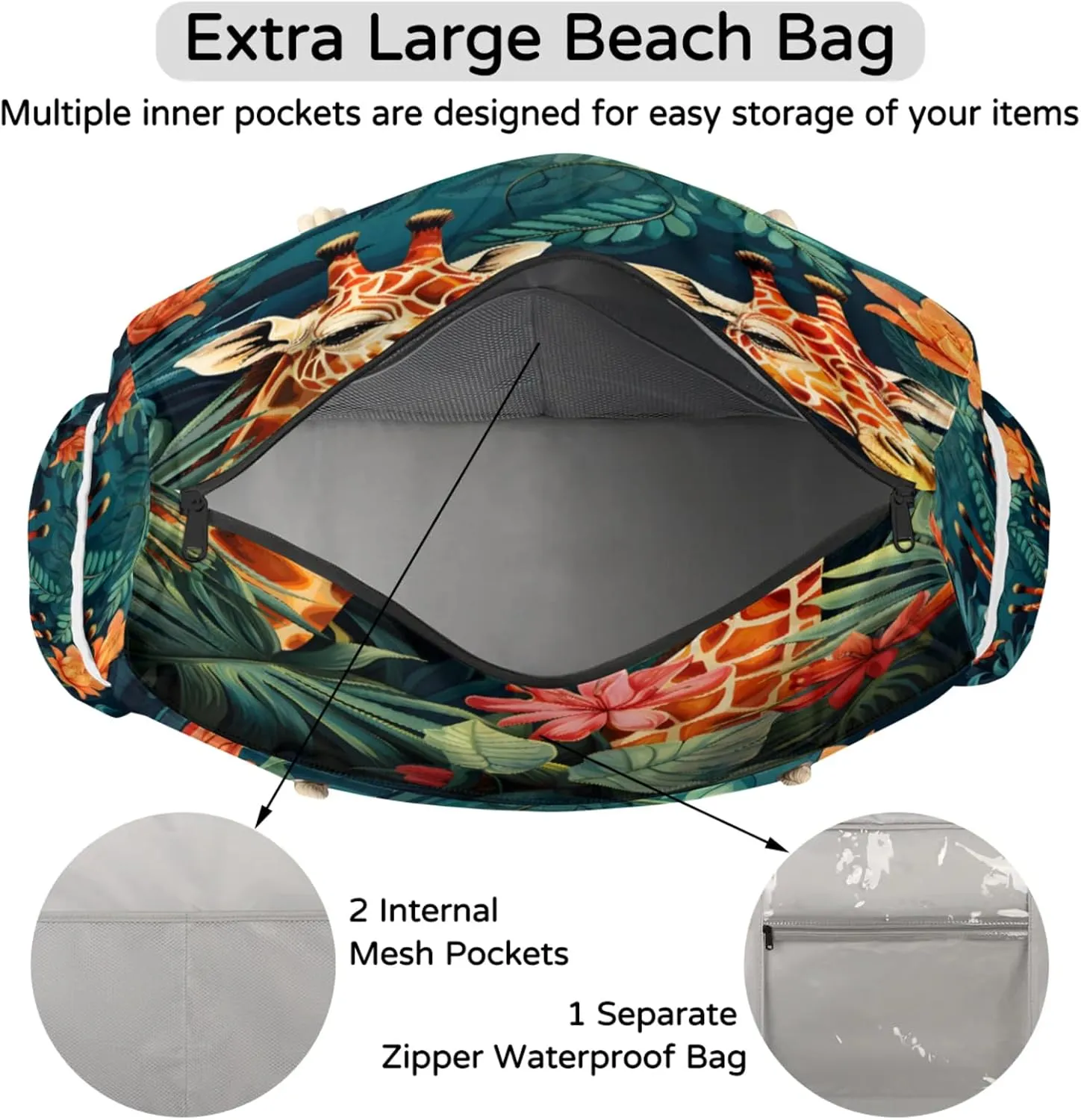 Large Beach Tote Bags for Women, Waterproof Beach Bag with Zipper, Swim Pool Tote Bags