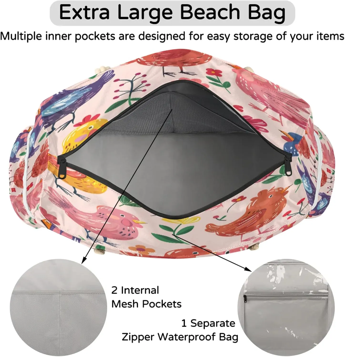 Large Beach Tote Bags with Zipper, Beach Bag for Women, Waterproof Sandproof Pool Swim Bags, Travel Tote Bag