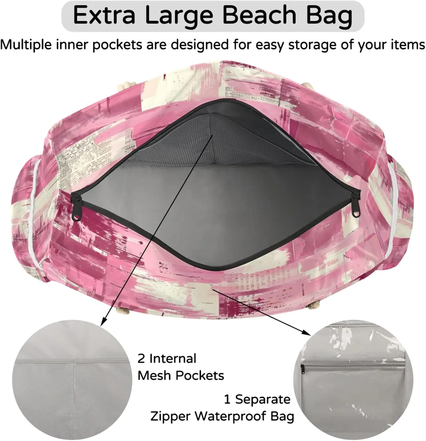 Large Beach Tote Bags with Zipper, Beach Bag for Women, Waterproof Sandproof Pool Swim Bags, Travel Tote Bag