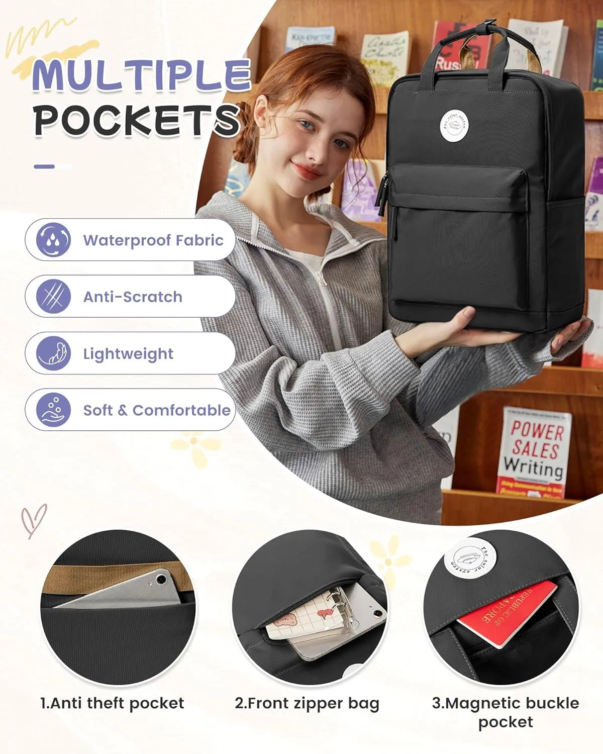 Large Black Backpack for Women, Classic Basic Waterproof High School Bookbag, Lightweight Casual Travel Daypack, College Backpack Men, Middle School Bag for Girls Boys