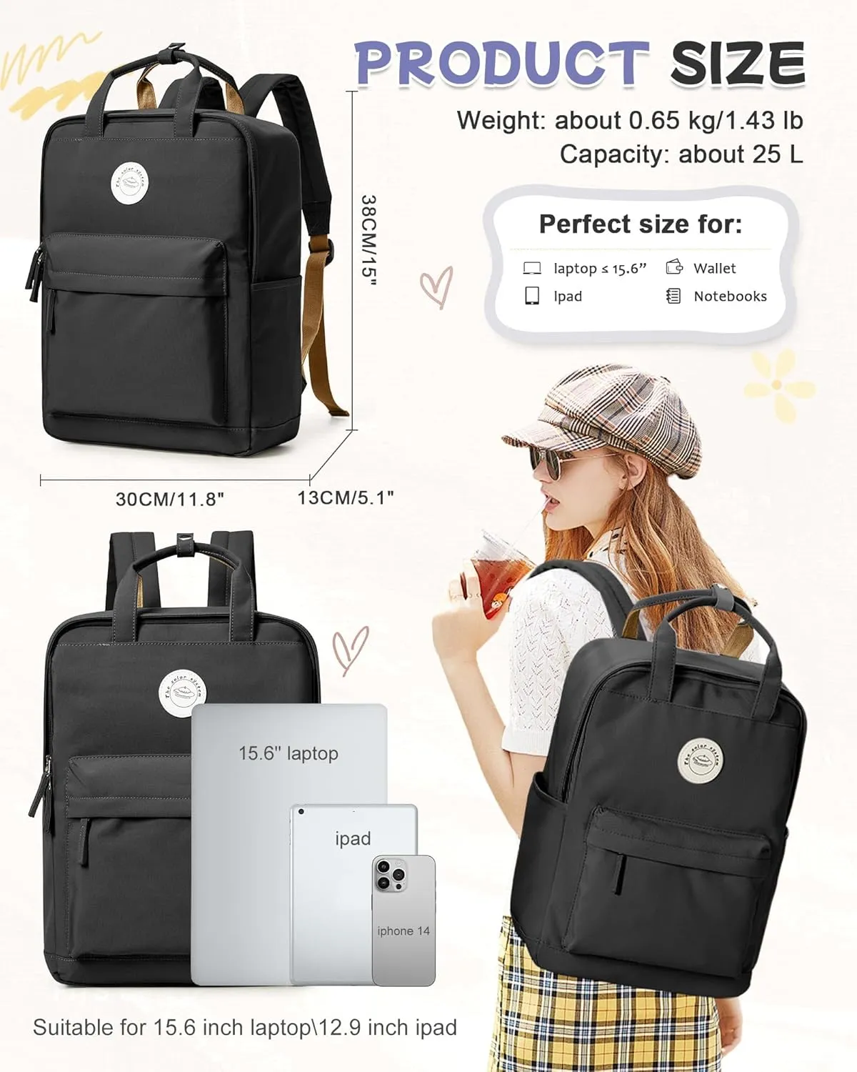 Large Black Backpack for Women, Classic Basic Waterproof High School Bookbag, Lightweight Casual Travel Daypack, College Backpack Men, Middle School Bag for Girls Boys